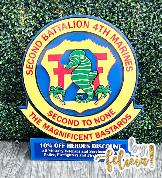2nd Battalion 4th Marines, Marine Corps plaques, Marine Corps retirement gift,  marine corps gift, Marine retirement, USMC License #286-23
